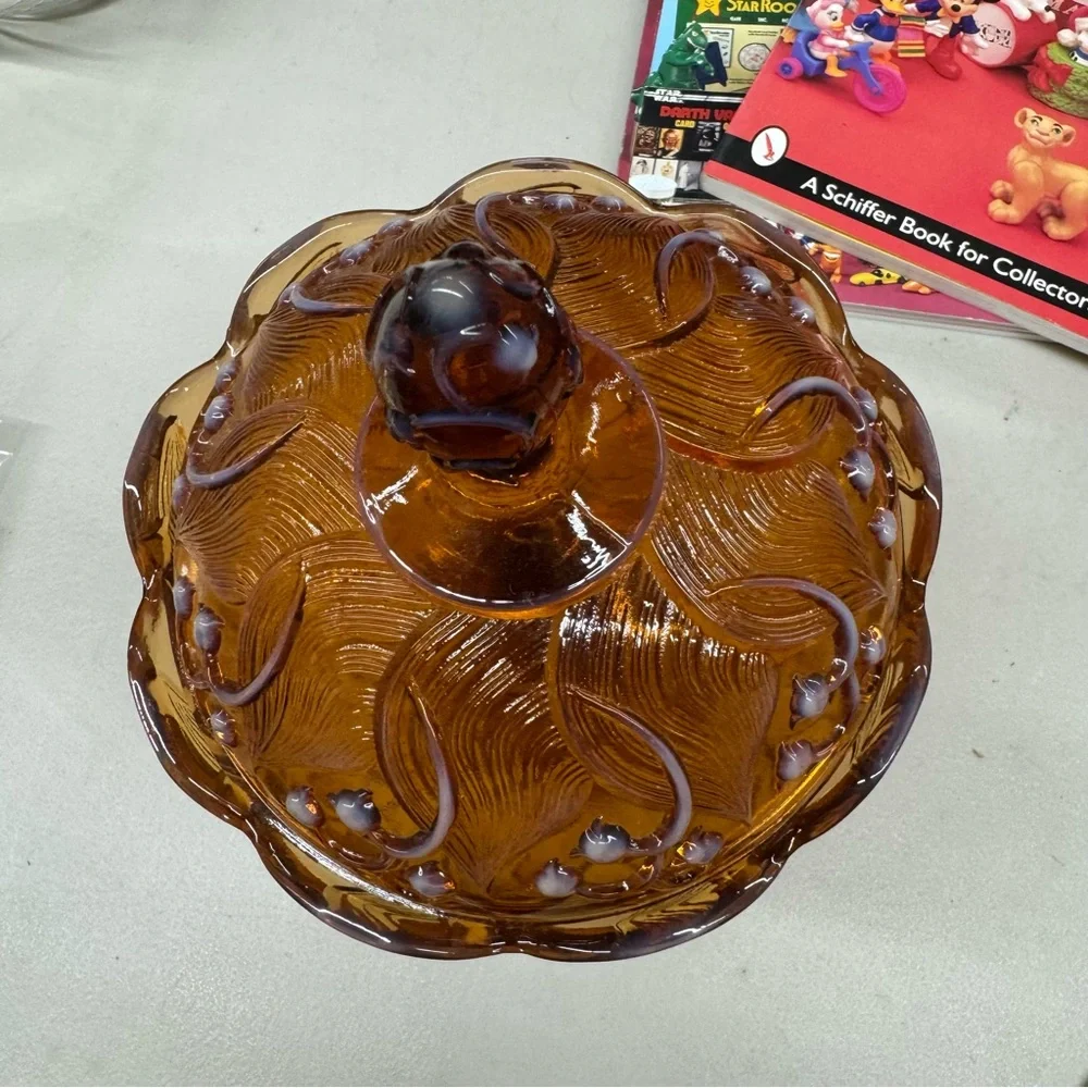 Vintage Fenton Amber Opalescent Lily of the Valley Lidded Pedestal Candy Dish
